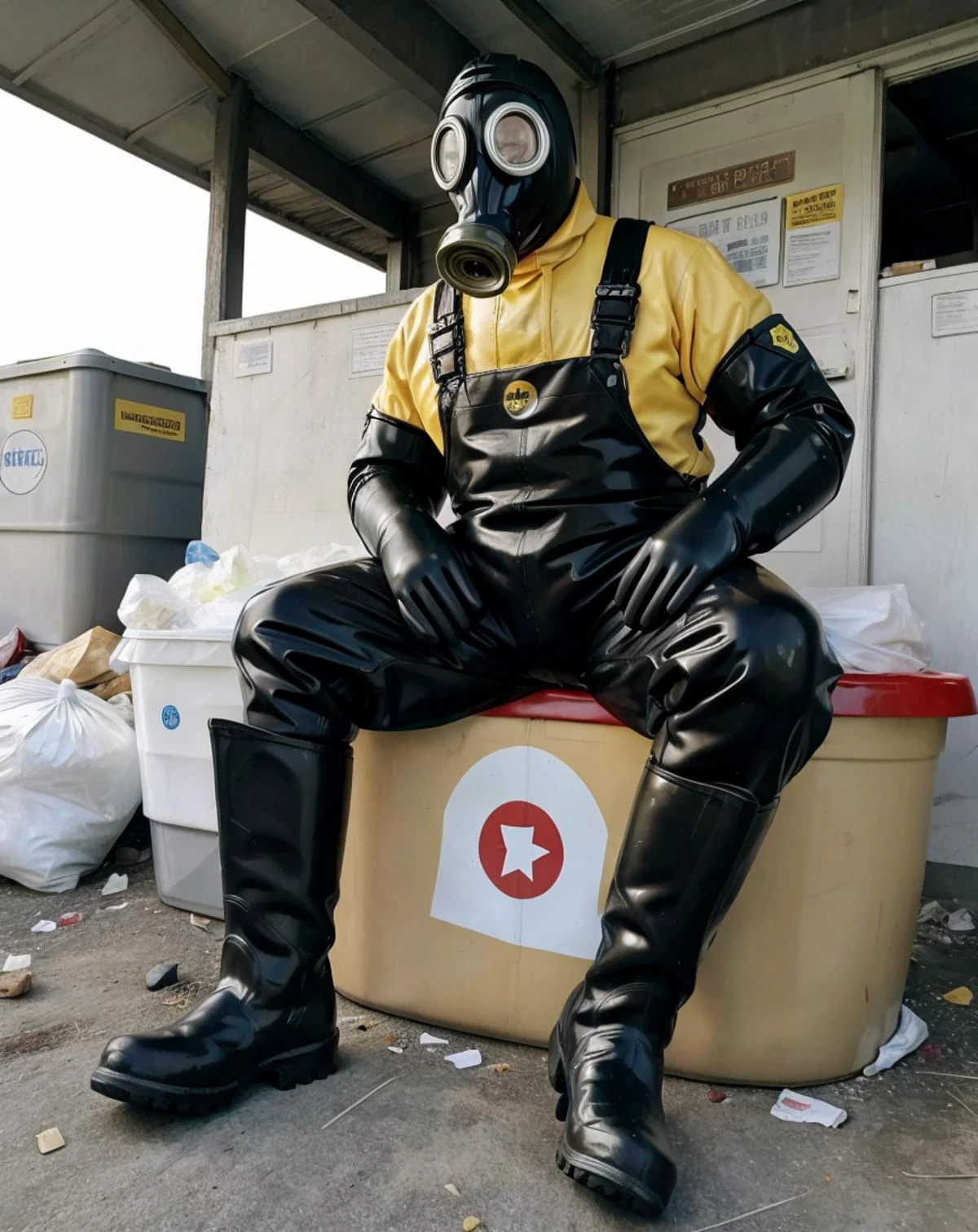 masterpiece, best quality, gp5, a man in a gas mask with hose and yellow rubber overalls, rubber boots, rubber gloves <lora:100_GP5_gasmask_v1:0.7>, BREAK sitting in a garbage landfill, full of diaper trash, diapers, white bags, intricate detail, atmospheric, dramatic