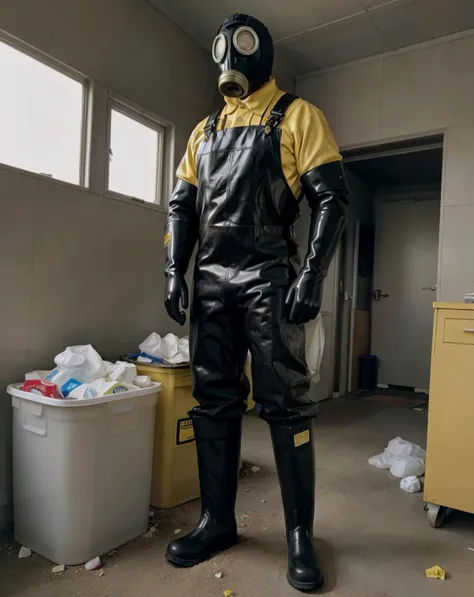 masterpiece, best quality, gp5, a man in a gas mask with hose and yellow rubber overalls, rubber boots, rubber gloves <lora:100_GP5_gasmask_v1:0.7>, BREAK standing in a landfill, full of diaper trash, diapers, intricate detail, atmospheric, dramatic