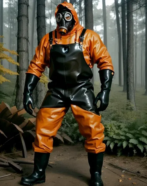 gp5, a man in a gas mask with hose and rubber overalls, rubber boots, rubber gloves <lora:100_GP5_gasmask_v1:0.7>, hood, heavy rubber, woods, orange suit , yellow raingear