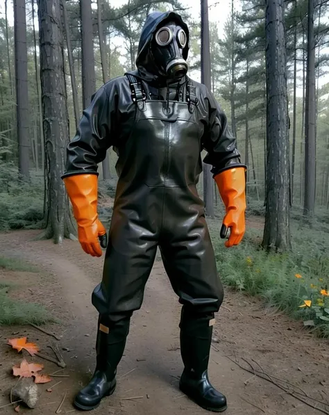 gp5, a man in a gas mask with hose and rubber overalls, rubber boots, rubber gloves <lora:100_GP5_gasmask_v1:0.7>, hood, heavy rubber, woods, orange suit , yellow raingear, Helly Hansen