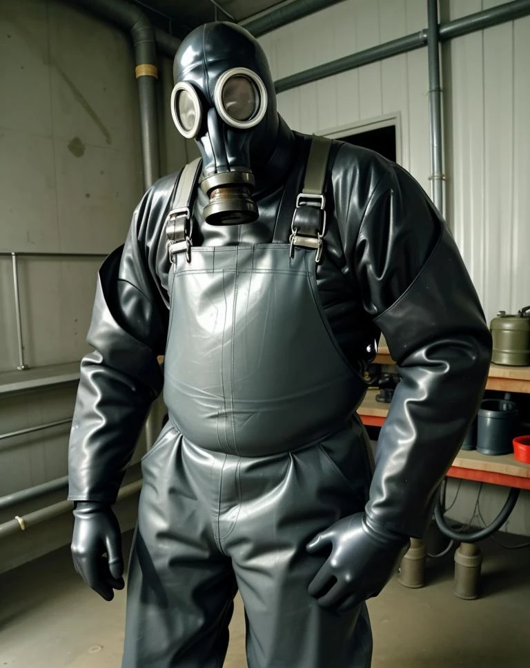 a man in a gas mask with hose and overalls<lora:100_GP5_gasmask_v1:0.6>, heavy rubber , ((breathing tube)), factory
