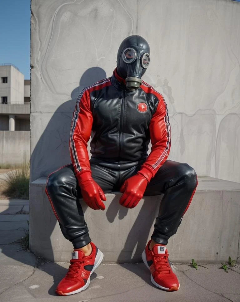 gp5, a man in a gas mask and tracksuit and sneakers sitting <lora:100_GP5_gasmask_v1:0.7>, concrete wall, closeup, red, gasmask