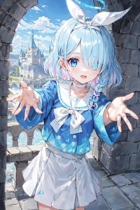 sfw, 1girl, Arona, blue halo, blue eyes, blue hair, short hair, single braid, hair over one eye, flat chest, white hair bow, white hairband, blue shirt, white sailor collar, white skirt, white choker, knees to chest,reaching, Castle Bridge, Morning, Misty, Shadowy, Medieval<lyco:arona_plana:1.0>