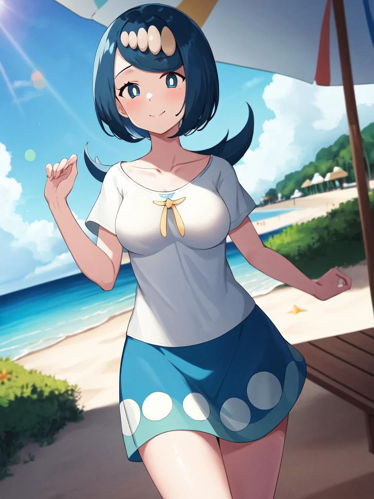 masterpiece, best quality, 1girl, (medium breasts:1.2), lanamother, white pupils, long hair, hair ornament, mature female, wide hips, shirt, short sleeves, blue and white skirt, happy, closed mouth, beach <lora:lanamother-nvwls-v1:0.9>