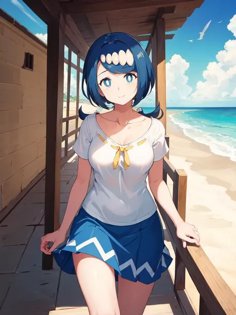 masterpiece, best quality, 1girl, (medium breasts:1.2), lanamother, white pupils, long hair, hair ornament, mature female, wide hips, shirt, short sleeves, blue and white skirt, happy, closed mouth, beach <lora:lanamother-nvwls-v1:0.9>