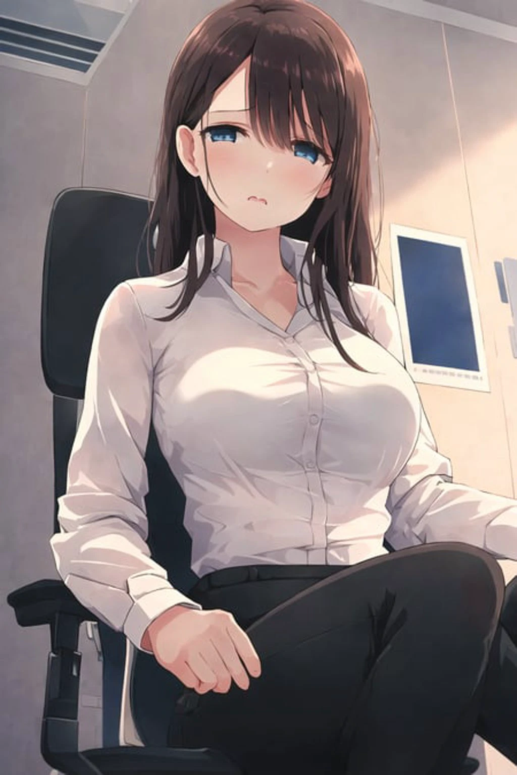 <lora:Asou_LORA:0.9>, 1 girl, collared shirt, black pants, office lady, sitting, office chair, from below, (masterpiece:1.0), (best quality:1.0), (8k wallpaper:1.0), extremely delicate and beautiful, (beautiful detailed face:1.0), (detailed deep eyes), symmetrical breasts, deep eyes,