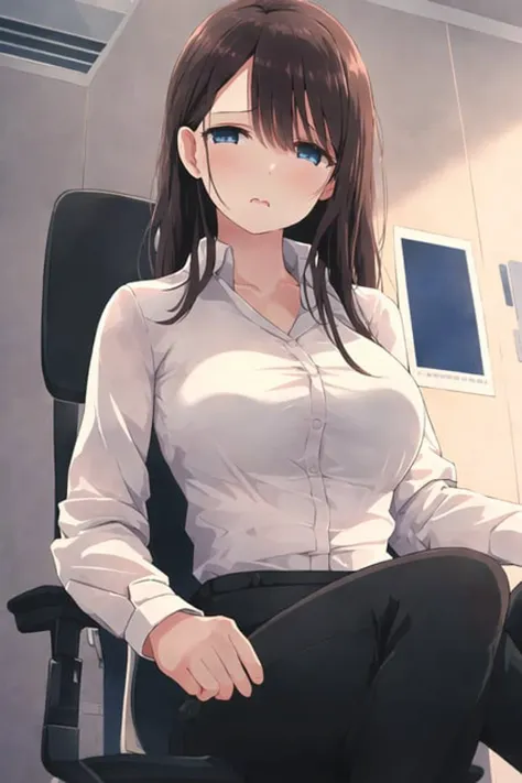 <lora:Asou_LORA:0.9>, 1 girl, collared shirt, black pants, office lady, sitting, office chair, from below, (masterpiece:1.0), (best quality:1.0), (8k wallpaper:1.0), extremely delicate and beautiful, (beautiful detailed face:1.0), (detailed deep eyes),  symmetrical breasts, deep eyes,