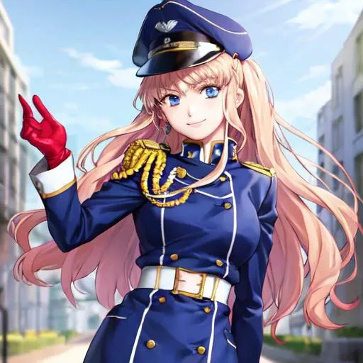 <lyco:macrossfrontier_nome-08:1.0>cowboy shot, solo, 1girl, sheryl nome, smile, closed mouth, looking at viewer, peaked cap, military uniform, long sleeves, gloves, <lyco:galaxy_loha_0.0001:-0.75> best quality, masterpiece
