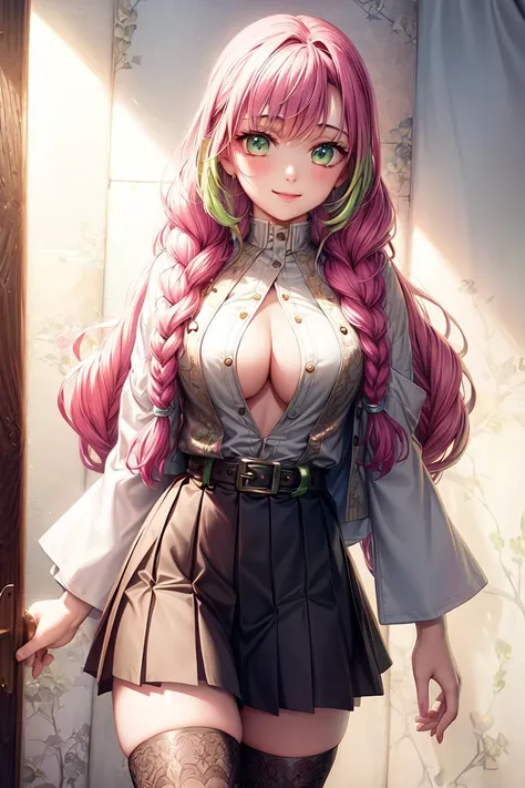 ultra realistic 8k cg, masterpiece, ((ultra detailed background, delicate pattern, intricate detail)), (highly detailed, fine details), best quality, 1girl, (photorealistic:1.4),beautiful lighting, absurdres, RAW photo, film grain, 1girl, solo, smile, long sleeves, looking at viewer, japanese clothes, medium breasts, haori, cleavage, closed mouth, (jacket, skirt, belt, black skirt, pleated skirt, thighhighs), green thighhighs, zettai ryouiki, <lora:Mitsuri1:1>, <lora:DetailTweaker:0.5>, (two-tone hair, pink hair, green hair), green eyes