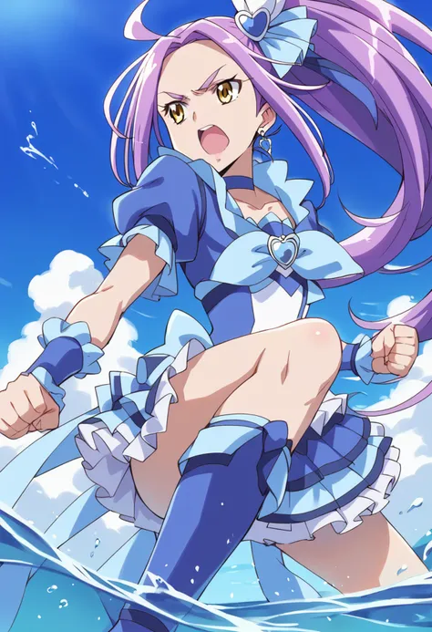 score_9, score_8_up, score_7_up, source_anime BREAK
cure beat, 1girl, purple hair, yellow eyes, blue choker, open mouth, brooch, blue skirt, frilled skirt, layered skirt, miniskirt, side ponytail, solo, eyelashes, jewelry, ponytail, wrist cuffs, frills, heart hair ornament, ocean, cloud, hair ribbon, clenched hands, day, hairpin, blue dress, ahoge, earrings, floating hair, :o, blue sky, outdoors, water, arm warmers, very long hair, punching, anime coloring, sidelocks, clenched hand, collarbone, fighting stance, serious, shiny hair, depth of field, blue neckwear, detached sleeves, angry, frilled sleeves, puffy short sleeves, bangs, from side, looking looking at another,blue legwear, blue thighhighs, blue footwear, knee boots, high heels, beach
<lora:cure_beat_kurokawa_eren_sdxl_locon_pony_v1:0.7>