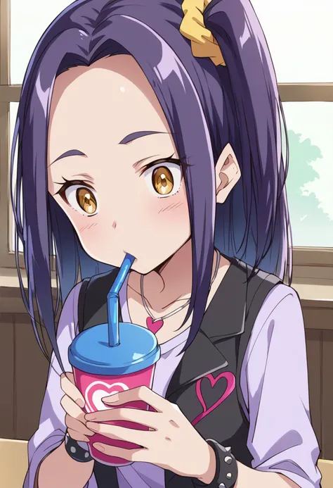 score_9, score_8_up, score_7_up, source_anime BREAK
kurokawa eren, 1girl, purple hair, solo, yellow eyes, long hair, blush, eyelashes, holding drinking straw, bracelet, collarbone, looking at viewer, eating, heart necklace, upper body, one side up, wide-eyed, drinking straw, hair ornament, purple shirt, constricted pupils, black vest, pendant, closed mouth, bangs, shaded face, frown, indoors, window, surprised, pov, anime coloring, studded bracelet, shiny hair, face, side ponytail, wristband, yellow scrunchie, feeding, casual, brown eyes, holding cup, looking down, utensil in mouth, eyebrows, close-up, disposable cup
<lora:cure_beat_kurokawa_eren_sdxl_locon_pony_v1:0.7>