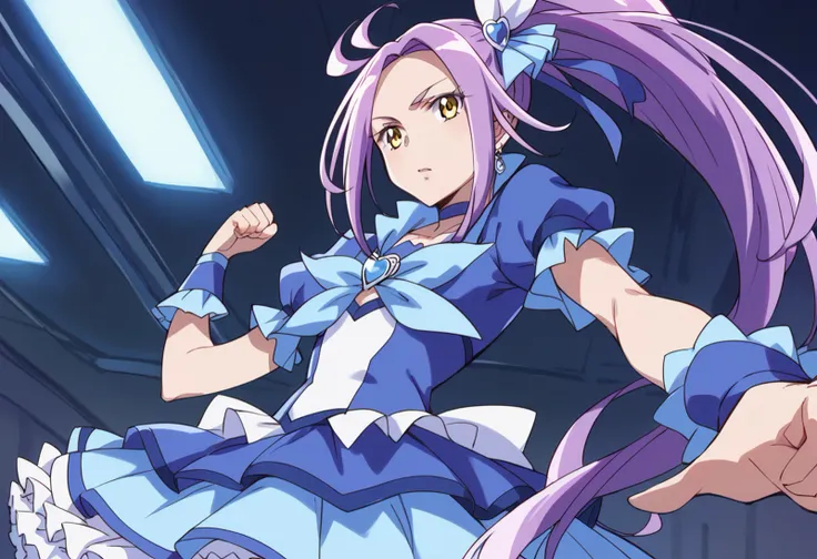 score_9, score_8_up, score_7_up, source_anime BREAK
cure beat, 1girl, purple hair, yellow eyes, solo, jewelry, wrist cuffs, blue skirt, frills, brooch, eyelashes, ponytail, earrings, side ponytail, dutch angle, blue choker, heart hair ornament, hair ribbon, indoors, serious, blue dress, open mouth, very long hair, shiny hair, frown, looking at viewer, blue neckerchief, high ponytail, hairpin, anime coloring, standing, sidelocks, puffy short sleeves, frilled sleeves, arm warmers, layered skirt, upper body, ahoge, expressionless, parted bangs, cowboy shot, blue shirt, frilled skirt, from below, miniskirt, arm up, fighting stance
<lora:cure_beat_kurokawa_eren_sdxl_locon_pony_v1:0.7>