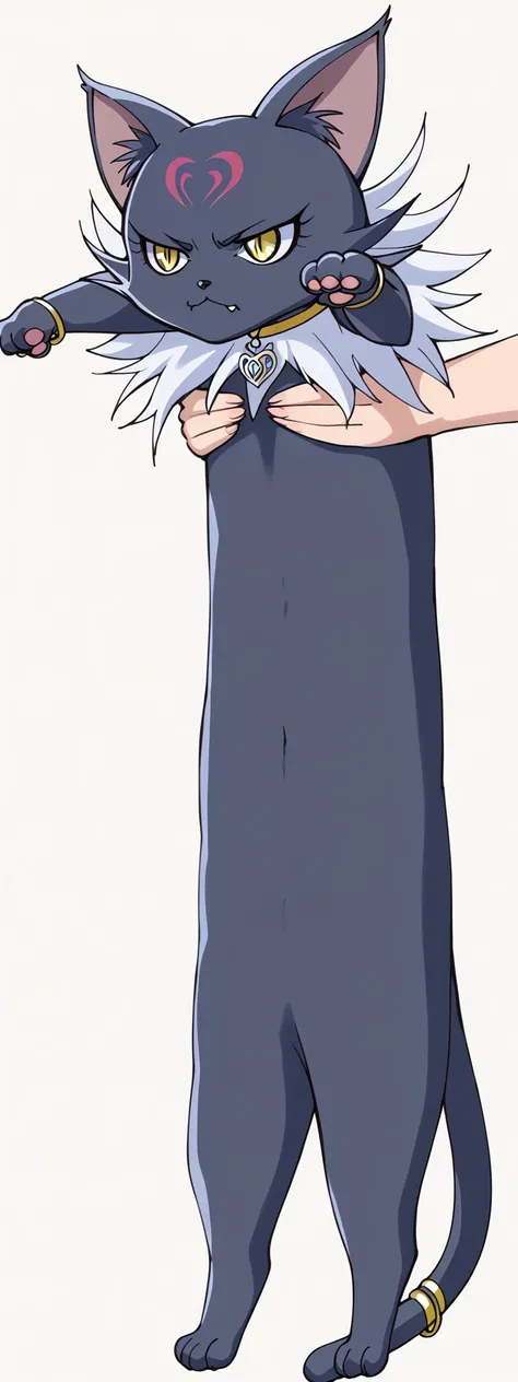score_9, score_8_up, score_7_up, source_anime BREAK
1other,
seiren \(suite precure\),
black cat, no humans,
yellow eyes, eyelashes, slit pupils, half-closed eyes, v-shaped eyebrows,
cat ears, animal nose,
facial mark, forehead mark,
cat tail,
furry, black fur, white fur, body fur, two-tone fur,
collar, yellow choker, necklace, tail ring, bracelet,
fang,
simple background, white background, full body, chibi, holding animal, wavy mouth,
<lora:cure_beat_kurokawa_eren_sdxl_locon_pony_v1:0.7> <lora:LongCatMeme_XLPD:1> <lora:jitome_pony_v01Ca:2>