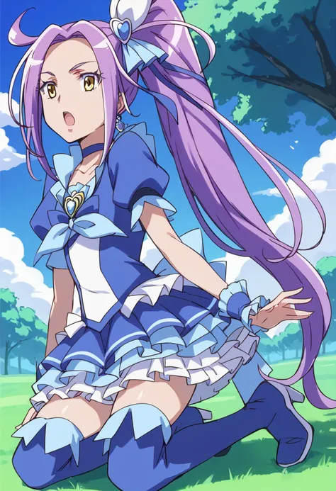 score_9, score_8_up, score_7_up, source_anime BREAK
cure beat, purple hair, yellow eyes, 1girl, blue skirt, thigh boots, blue choker, solo, open mouth, earrings, blue footwear, ponytail, brooch, kneeling, blue legwear, hair ornament, zettai ryouiki, eyelashes, wrist cuffs, :o, tree, very long hair, side ponytail, frilled skirt, cloud, day, outdoors, grass, sitting, surprised, puffy sleeves, petticoat, blue dress, blue sky, frilled dress, layered skirt, full body, hairpin, hair ribbon, knee boots, wariza, blue bow, short sleeves, high heel boots, miniskirt, from side, anime coloring, high ponytail, gathers, blue thighhighs
<lora:cure_beat_kurokawa_eren_sdxl_locon_pony_v1:0.7>