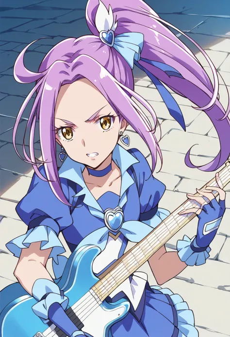 score_9, score_8_up, score_7_up, source_anime BREAK
cure beat, 1girl, solo, purple hair, love guitar rod, yellow eyes, blue choker, guitar, side ponytail, long hair, brooch, eyelashes, heart hair ornament, looking at viewer, upper body, shiny hair, serious, hair ribbon, wrist cuffs, arm warmers, floating hair, hairpin, ponytail, collarbone, parted lips, short hair, blue dress, teeth, frilled sleeves, blue skirt, blue neckerchief, holding instrument, playing instrument, clenched teeth, fingerless gloves, high ponytail, brown eyes, anime coloring, detached sleeves, from above, stone floor, bangs, sidelocks, open mouth, puffy short sleeves, bass guitar, earrings, electric guitar, outdoors
<lora:cure_beat_kurokawa_eren_sdxl_locon_pony_v1:0.7>
