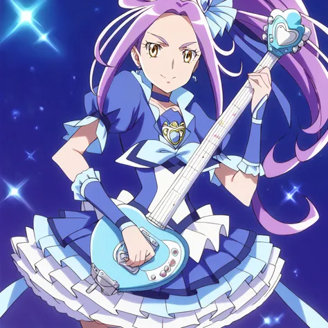 score_9, score_8_up, score_7_up, source_anime BREAK
cure beat, 1girl, solo, purple hair, yellow eyes, love guitar rod, guitar, blue choker, smile, blue skirt, earrings, brooch, eyelashes, side ponytail, wrist cuffs, blue background, hair ornament, hairpin, hair ribbon, electric guitar, purple background, playing instrument, frilled skirt, cowboy shot, layered skirt, sparkle, closed mouth, happy, holding instrument, hair ribbon, dutch angle, blue dress, floating hair, very long hair, standing, shiny hair, looking at viewer, petticoat, white choker, light particles, layered dress, thighhighs, puffy short sleeves, frilled dress, eyebrows, blue shirt, plectrum, blue legwear, music, miniskirt, collarbone, blue neckwear, pleated skirt, boots, arm warmers, blue theme
<lora:cure_beat_kurokawa_eren_sdxl_locon_pony_v1:0.7> <lora:love_guitar_rod_sdxl_locon_pony_v1:0.8:0.8:lbw=0.5,0,0,0,0,0,0,0,0,0,0,0.7,0.7,0.7,0.7,0.5,0.5,0.5,0.5,0.5,0,0,0,0,0,0>