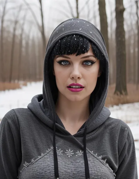 <lora:Al1c3:0.85> (Al1c3) woman, 1girl, standing in the snowy woods, snowing, black hoodie, short black hair, eyeshadow, lipstick, teeth, realistic, pale skin, black tight pants, perfect grey blue eyes, ambient lighting, stockings, sharp detail, fun pose, hd, sfw, realistic, soft focus, best quality, background,