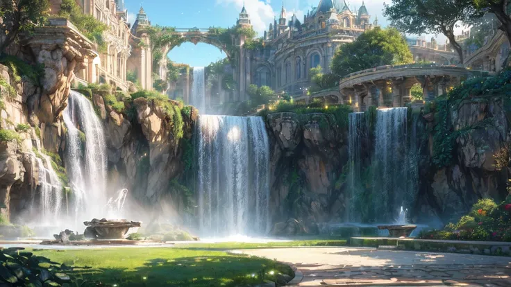 (masterpiece, best quality, ultra-detailed, best shadow), (western style:0.5), analog style, Fibonacci, (detailed background, very wide shot, wallpaper, ultra hd wallpaper, 8k, elven city street, white marble buildings, overgrown, lush vegetation, fountains, waterfall, magical, holographic interface, [futuristic]), (best illumination), (cinematic light), colorful, hyper detail, dramatic light, intricate details <lora:more_details:0.7>