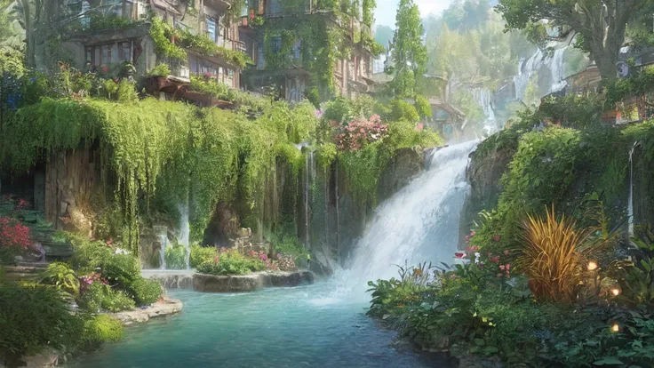 (masterpiece, best quality, ultra-detailed, best shadow), (western style:0.5), analog style, Fibonacci, (detailed background, very wide shot, wallpaper, ultra hd wallpaper, 4k, 8k, elven city street, white marble buildings, overgrown, lush vegetation, fountains, waterfall, magical, holographic interface, [futuristic]), (best illumination), (cinematic light), colorful, hyper detail, dramatic light, intricate details