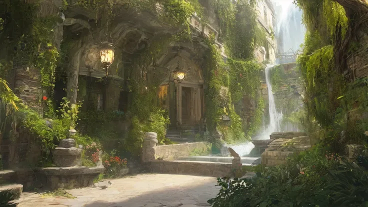 (masterpiece, best quality, ultra-detailed, best shadow), (western style:0.5), analog style, Fibonacci, (detailed background, very wide shot, wallpaper, ultra hd wallpaper, 4k, 8k, elven city street, white marble buildings, overgrown, lush vegetation, fountains, waterfall, magical, holographic interface, [futuristic]), (best illumination), (cinematic light), colorful, hyper detail, dramatic light, intricate details