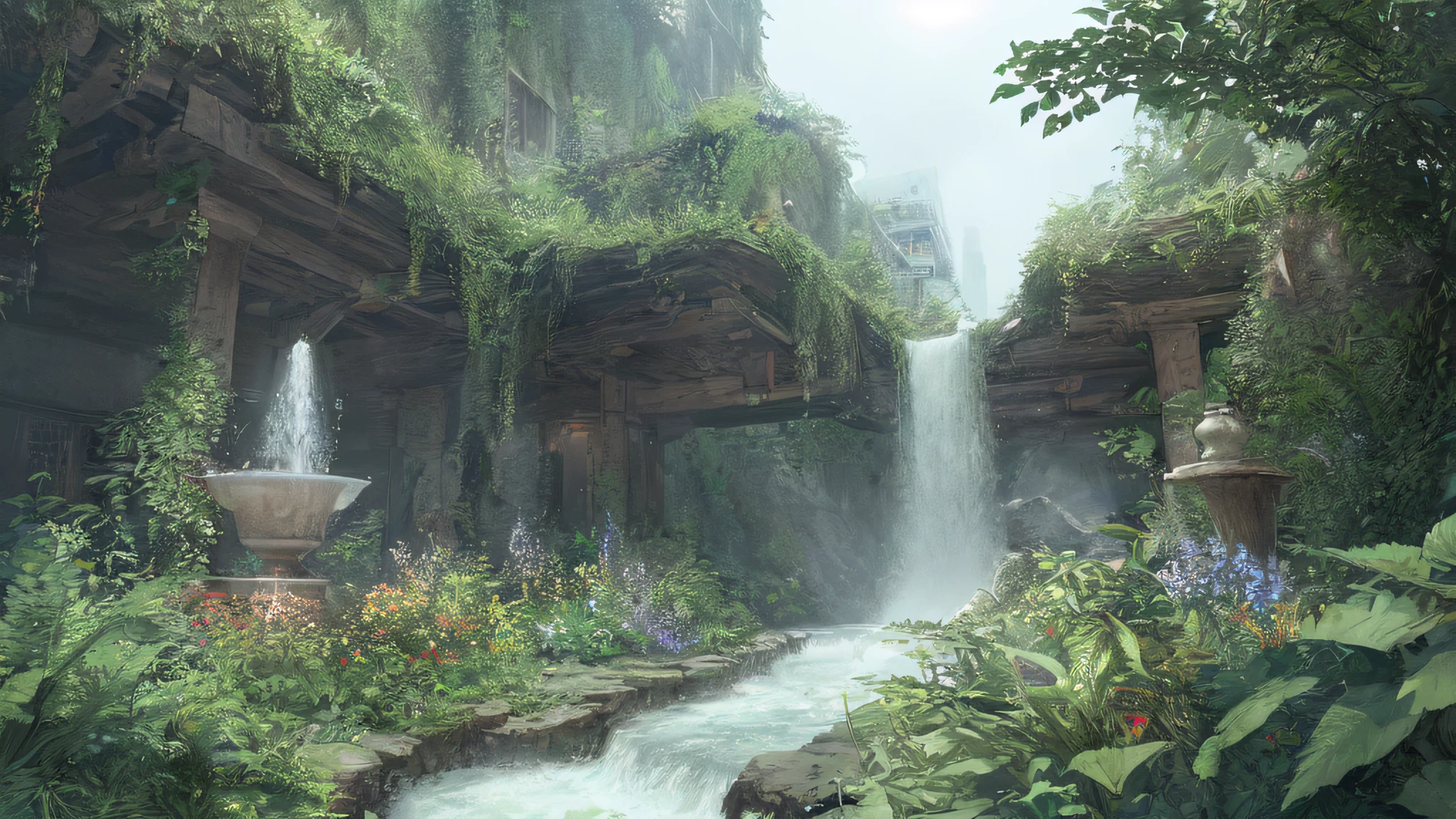 (masterpiece, best quality, ultra-detailed, best shadow), (western style:0.5), analog style, Fibonacci, (detailed background, very wide shot, wallpaper, ultra hd wallpaper, 4k, 8k, elven city street, white marble buildings, overgrown, lush vegetation, fountains, waterfall, magical, holographic interface, [futuristic]), (best illumination), (cinematic light), colorful, hyper detail, dramatic light, intricate details