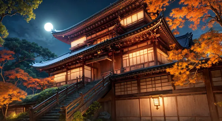 (masterpiece, best quality, ultra-detailed, best shadow), (japanese style:0.5), analog style, Fibonacci, (detailed background, very wide shot, wallpaper, ultra hd wallpaper, 8k, dojo, overgrown, autumn, east asian architecture, holographic interface, [futuristic]), (best illumination), (cinematic light), colorful, hyper detail, dramatic light, intricate details, realistic background, night, night sky, full moon, <lora:more_details:0.7>