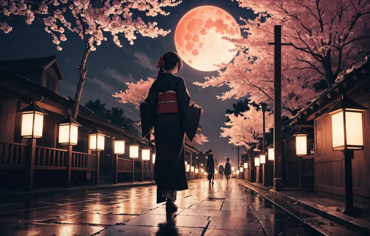 absurdres, highres, ultra detailed, 1girl, kimono, (eerie atmosphere, BREAK), full body, (masterpiece:1.3), thunder, far shot, BREAK, festival of cherry blossoms, BREAK, lantern, after rain, (full moon, red moon),