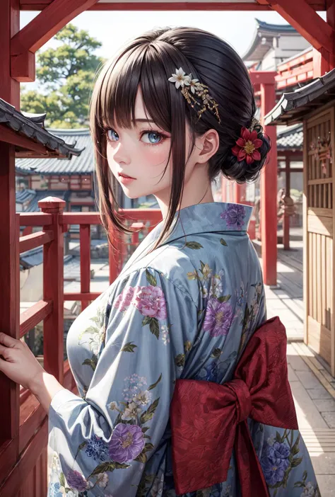 1girl, high quality, highres, absurdres, 8k, ultra-detailed, detailed background, (masterpiece:1.2), beautiful eyes, intricate details, stunning background, yakuza girl, japanese clothes, looking away, hair ornament,  <lora:add_detail:1>, japanese architecture, dragon-print, floral-print,