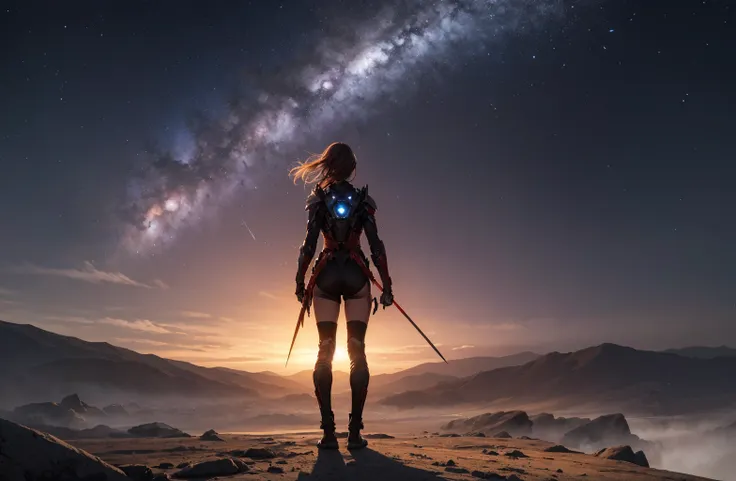 absurdres, highres, ultra detailed, 1girl, warrior girl, eerie atmosphere, BREAK, full body, (masterpiece:1.3), thunder, from behind, far shot, BREAK, meteor shower, nebula, red moon