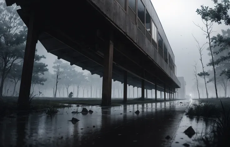 absurdres, highres, ultra detailed, (eerie atmosphere, dark, BREAK), full body, (masterpiece:1.3), far shot, BREAK, after rain, scenery, no humans, abandoned, destroyer,