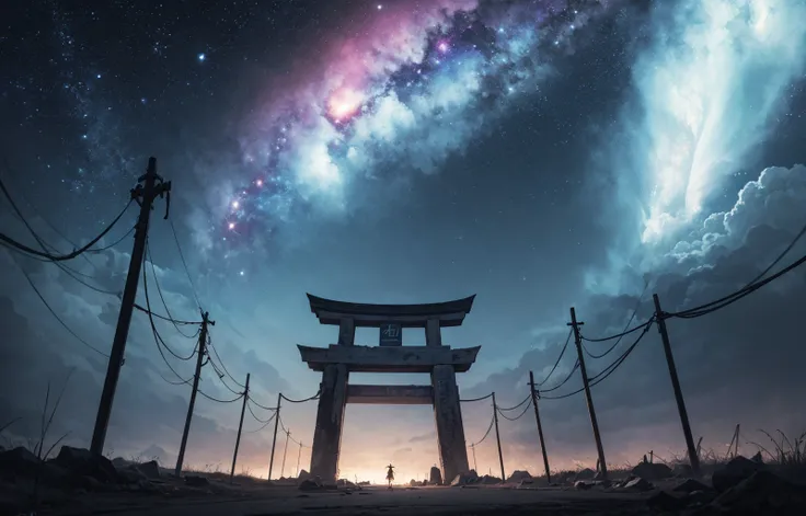 absurdres, highres, ultra detailed, 1girl, warrior girl, (eerie atmosphere, BREAK), full body, (masterpiece:1.3), thunder, far shot, BREAK, abandoned, destroyed, nebula, torii gate illuminated by light from the dark atmosphere, BREAK,