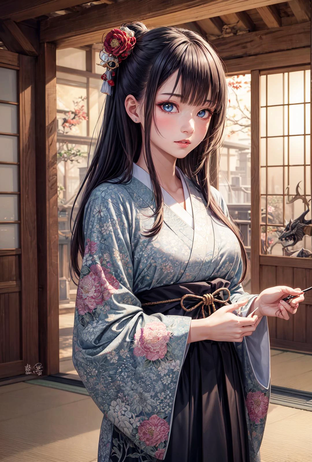 1girl, high quality, highres, absurdres, 8k, ultra-detailed, detailed background, (masterpiece:1.2), beautiful eyes, intricate details, stunning background, yakuza girl, japanese clothes, looking away, hair ornament, <lora:add_detail:1>, japanese architecture, dragon-print, floral-print,