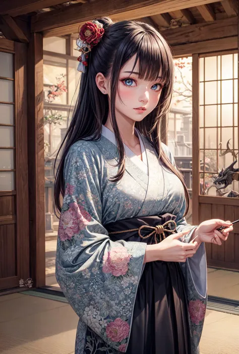 1girl, high quality, highres, absurdres, 8k, ultra-detailed, detailed background, (masterpiece:1.2), beautiful eyes, intricate details, stunning background, yakuza girl, japanese clothes, looking away, hair ornament,  <lora:add_detail:1>, japanese architecture, dragon-print, floral-print,