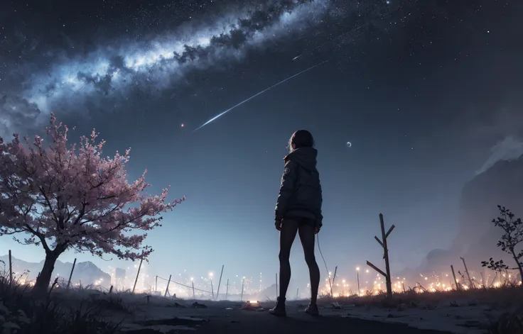 absurdres, highres, ultra detailed, 1girl, warrior girl, (eerie atmosphere, BREAK), full body, (masterpiece:1.3), thunder, far shot, BREAK, abandoned, destroyed, nebula, cherry trees illuminated by light from the dark atmosphere, BREAK,