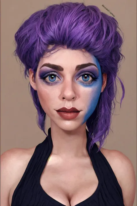 hotify <lora:Hyper-Real:1> hyper-real style woman, rainbow hair, colorful, cleavage , makeup