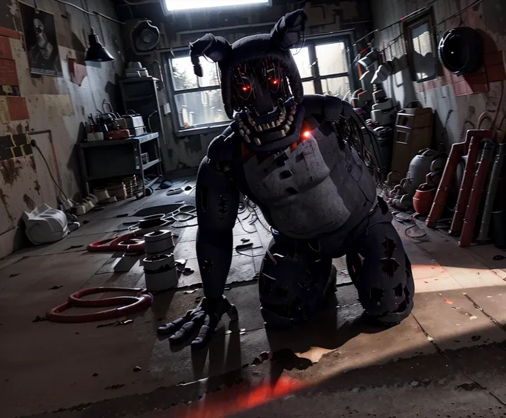 <lora:withbonnie:1>, Ultra realistic,  concrete room,  pipes, loose wires, ventilation, dusty atmosphere, dark room, red glowing eyes, ominous, scary, highres, realistic shadows, black fog, red lens flare, scrap on floor, crouched, kneeling, looking at viewer, night time, 1  person, oil stains, solo