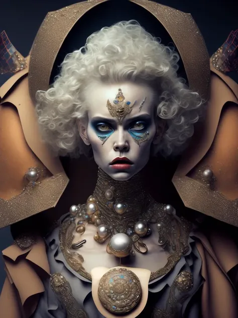 <lora:KarelZeman:1>hellraiser cenobite satanic hyper retrofuturistic massive huge jeweled necklace with huge diamonds and jewels on monster boy, horrific, terrifying, scary, mean, sharp teeth, fangs, huge big jewel encrusted clothing, big pearls, precious gems. The set design is bold geometric patterns photographed by Romina Ressia, film still from wes Anderson, Gucci, Versace, givenchy, medium shot fashion, award winning photography, arty pose, fashion, diaphanous layered ultra haute couture, high definition, high resolution, bold vibrant colors , volumetric lighting, 8k, 3d render
