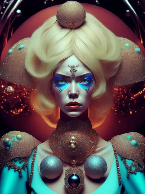 <lora:KarelZeman:1>A retrofuturistic massive huge jeweled necklace with huge diamonds and jewels on interplanetary interspecies male robot monster, horrific, terrifying, scary, mean. many spirder eyes, huge big jewel encrusted clothing, big pearls, precious gems. The set design is bold geometric patterns photographed by Romina Ressia, film still from wes Anderson, Gucci, Versace, givenchy, medium shot fashion, award winning photography, arty pose, fashion, diaphanous layered ultra haute couture, high definition, high resolution, bold vibrant colors , volumetric lighting, 8k, 3d render