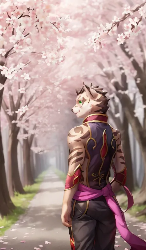 rear view, male focus, yan shu chi, solo, with chinese clothing, pants, standing, looking at another, woods, forest background, cherry blossom, road, flower petals, detailed background, 4k <lora:shu-chiV2-08:1>