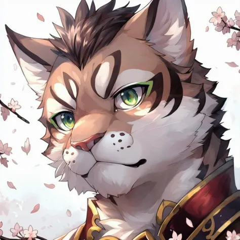 <lora:shu-chi-09:0.8>, yan shu chi, solo, ((by ponzu tas)), by rpbbw , detailed eyes, beautiful eyes, (torso portrait) green eyes, (colorful background,(( [white background:light grey background:0.6]))), good composition, determined eyes, determined face, inspiring, dramatic look, looking at distance, dramatic face, melancholy, epic, ((3/4 face angle, 3/4 angle, looking to the side)), masterpiece, (digital art, portrait), photoshop brushes , painterly effect, volumetric lighting, awesome lighting, warm light, soft light, (brush strokes, background brush strokes), particles, cherry blossom leaves, artwork, 2d artwork, furry art, ((digital painting)),