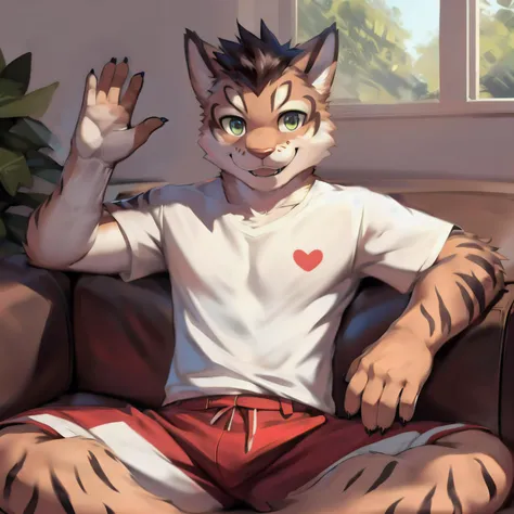<lora:shu-chi:0.8>, yan shu-chi, living room, day time, sitting, dynamic lighting, beautiful lighting, masterpiece, couch, watching tv, sunlight, by zackary911, chunie, detailed eyes, anthro, twink, attractive, solo, looking at camera, (waving at viewer, arm movement), warm smile, excited eyes, smirk, romantic gaze, arm resting, inviting, floating pink hearts, ((5 fingers)), white t-shirt, red shorts, godrays, 8k, the highest quality, the highest detail, smiling, laughing,digital painting, ((brush strokes)), (sketch lines), painterly style, painterly, digital art