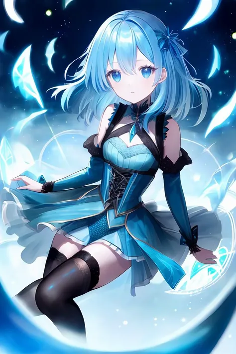 (masterpiece, best quality), 1girl, light blue hair, water hair, light blue eyes, flying petals, water blade, light blue water magic circle, light blue corset, black thighhighs, sidelighting, light particles, abstract,