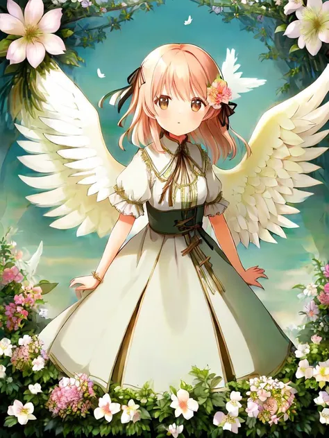 masterpiece anime, 1girl, angel, green_wings, flower garden background, (flower frame)