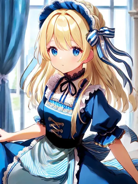 masterpiece anime, blond hair, apron (light_blue) dress, (Striped hairband ribbon)