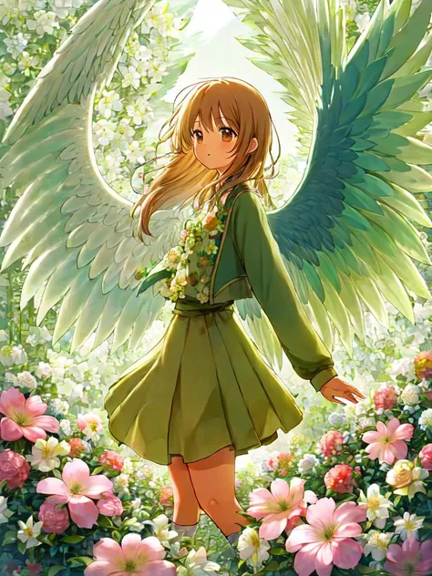 masterpiece anime, 1girl, angel, green_wings, flower garden background, (flower frame)