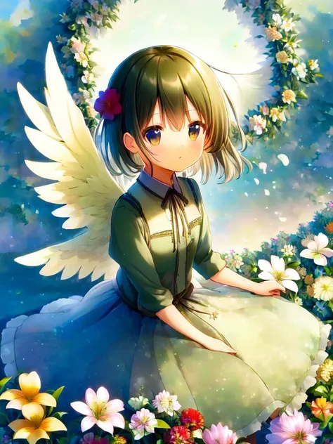 masterpiece anime, 1girl, angel, green_wings, flower garden background, (flower frame)