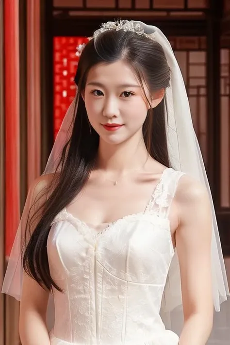 4k_wallpaper,photo,realistic,real,photorealistic,real,best quality,masterpiece,ultra-detailed,illustration,highly detailed,upper body, looking at viewer,
an extremely delicate and beautiful girl, shiny, shiny skin,black very long straight hair,wedding dress,
indoors, chinese building architecture,
<lora:shiyuanjiang_0702-07:0.7>