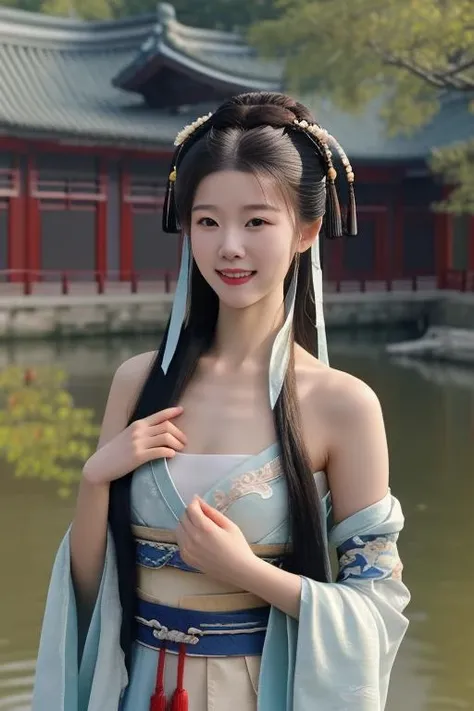 best quality, masterpiece, real,realistic, photo,photorealistic,cosplay photo,upper body,smile,closed mouth, standing,
1girl, 26yo chinese,outdoors, very long hair,hanfu, tang dynasty style,chest cutout, collarbone,
<lora:shiyuanjiang_0702-07:0.7>
