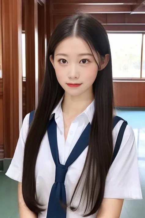 4k_wallpaper,photo,realistic,real,photorealistic,real,best quality,masterpiece,ultra-detailed,illustration,highly detailed,upper body, looking at viewer,
an extremely delicate and beautiful girl, shiny, shiny skin,black very long straight hair,school uniform,
indoors, chinese building architecture,
<lora:shiyuanjiang_0702-07:0.7>