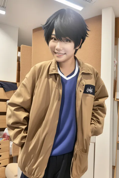 indoors,hires,black hair, 1boy, shorts,smile, brown eyes, jacket, solo
<lora:guoyionly:1>